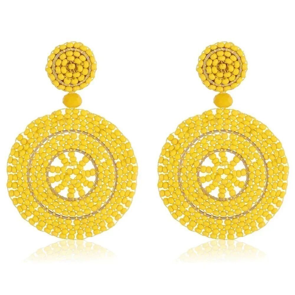 Yellow Beaded Double Round Disc Boho Dangling Drop Statement Post Back Earrings